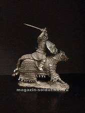 Сборная миниатюра из металла Конный тяжеловоруженный монгол с саблей (олово). Куликовская битва 1380 г. (54мм), Три богатыря - фото