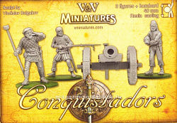 Сборная миниатюра из смолы Артиллерия конкистадоров (3 фигурки и пушка), 40 мм, V&V miniatures