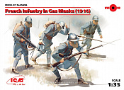 Сборные фигуры из пластика Французская пехота в противогазах, 1916 г. I МВ, 4 фигуры, (1/35) ICM - фото