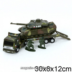 Масштабная модель в сборе и окраске Трейлер военный с танком на прицепе (звук.), Технопарк 1/43