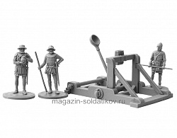 Сборная фигура из смолы Средневековая катапульта с расчетом, 3 фигуры и катапульта, 40 мм, V&V miniatures
